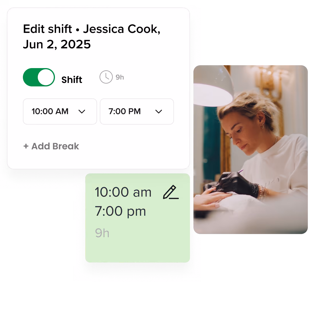 User interface displaying shift editing for Jessica Cook on June 2, 2025, showing shift times from 10:00 AM to 7:00 PM and a woman with dark hair performing a manicure on a client.