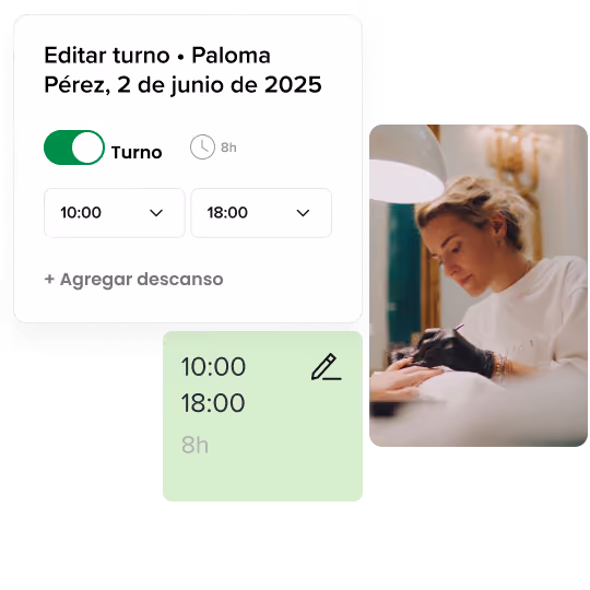 Interfaz de usuario que muestra una edición de turnos para Paloma Pérez el 2 de junio de 2025, con un horario de trabajo de 10:00 a 18:00 y una foto de una mujer haciéndose la manicura con guantes.