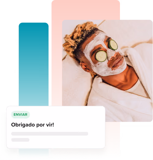 Homem sorridente com uma máscara facial escura deitado com os olhos fechados, acompanhado por uma caixa de mensagem dizendo 'Obrigado por vir! '