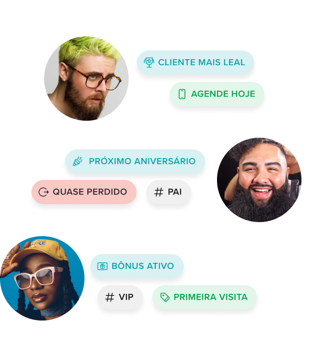 Três retratos circulares de pessoas diversas cercados por etiquetas coloridas com palavras em português como “Cliente mais leal”, “Agende hoje” e “Próximo aniversário”.