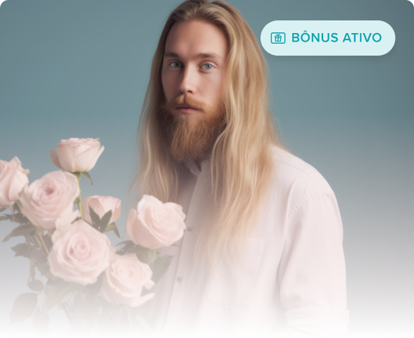 Homem com longos cabelos loiros e barba segurando um buquê de rosas cor de rosa contra um fundo azul suave.