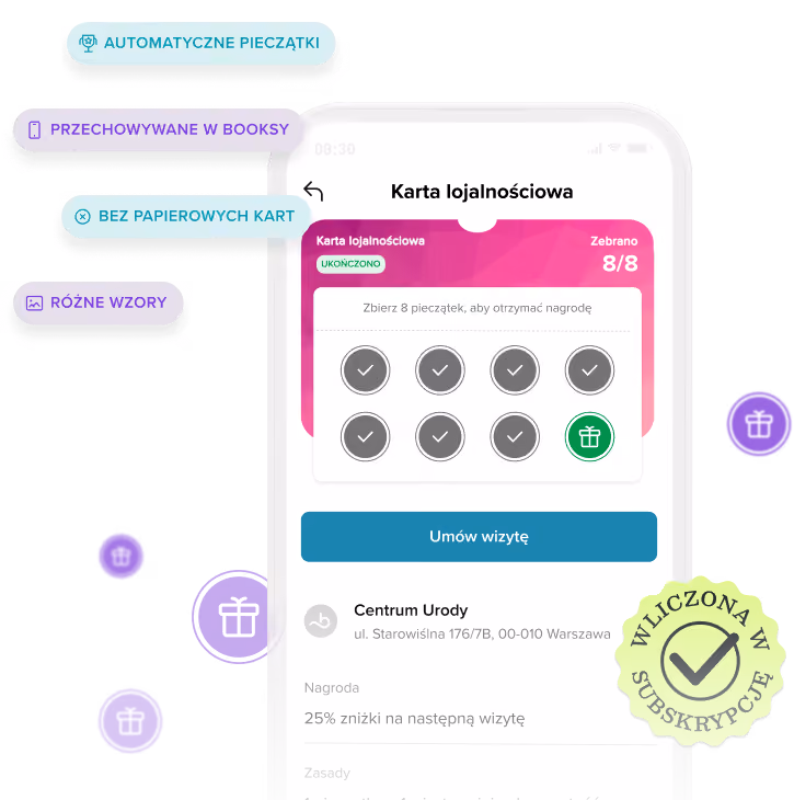 Smartfon wyświetlający kompletną cyfrową kartę lojalnościową z ośmioma znaczkami i opcjami zaplanowania wizyty, otoczony polskimi funkcjami podkreślania tekstu, takimi jak automatyczne stemplowanie, dostęp do aplikacji, koniec kart papierowych i różne wzory kart.