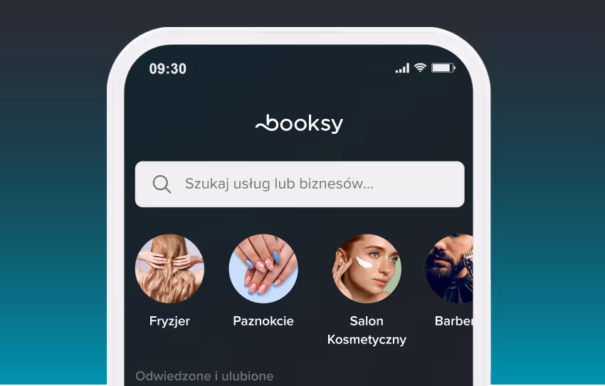 Interfejs aplikacji mobilnej dla Booksy pokazujący pasek wyszukiwania i okrągłe ikony usług: fryzjer, paznokcie, salon kosmetyczny i fryzjer.