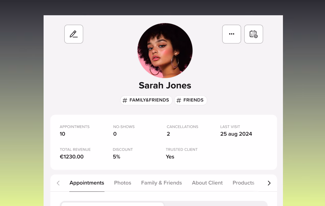User profile of Sarah Jones showing profile picture, tags Family & Friends and Friends, with stats including 10 appointments, 0 no-shows, 2 cancellations, last visit on 25 Aug 2024, total revenue €1230, 5% discount, and trusted client status.