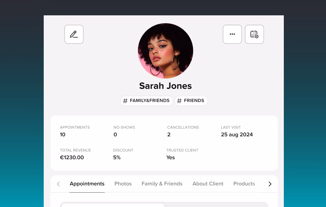 User profile of Sarah Jones showing profile picture, tags Family & Friends and Friends, with stats including 10 appointments, 0 no-shows, 2 cancellations, last visit on 25 Aug 2024, total revenue €1230, 5% discount, and trusted client status.