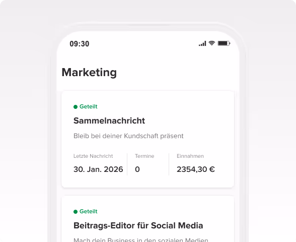 Mobile phone screen showing a marketing app interface with sections titled 'Sammelnachricht' and 'Beitrags-Editor für Social Media,' displaying dates, appointments, and earnings in German.