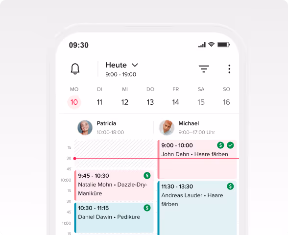 Mobile calendar app showing appointments for Patricia and Michael on Monday the 10th with color-coded scheduled times for hair and nail services.