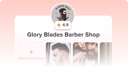 Glory Blades Barber Shop logo with a 4.9-star rating above images of men getting haircuts and beard trims.