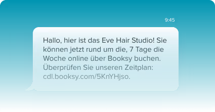Text message in German from Eve Hair Studio inviting to book appointments online any day of the week via Booksy, including a link for the schedule.