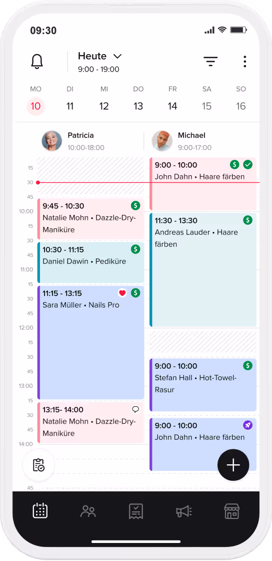 Mobile app calendar showing daily appointments for Patricia and Michael with color-coded time slots and services like hair coloring, manicure, and pedicure.