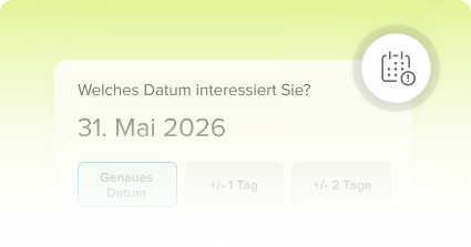 User interface in German asking for an interested date, displaying May 31, 2026, with buttons for exact date, plus or minus 1 day, and plus or minus 2 days.
