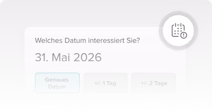 User interface in German asking for an interested date, displaying May 31, 2026, with buttons for exact date, plus or minus 1 day, and plus or minus 2 days.
