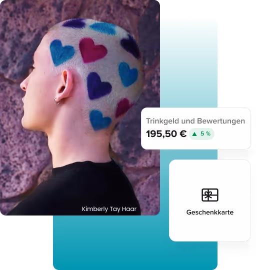 Person with a shaved head featuring colorful heart shapes dyed in blue, purple, and red.