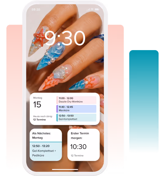 Smartphone screen showing a nail art background with a daily schedule featuring manicure and gel appointment blocks.