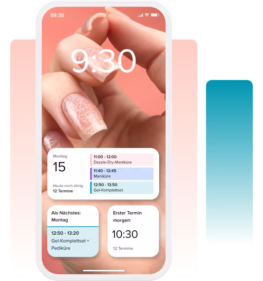 Smartphone screen showing a nail art background with a daily schedule featuring manicure and gel appointment blocks.