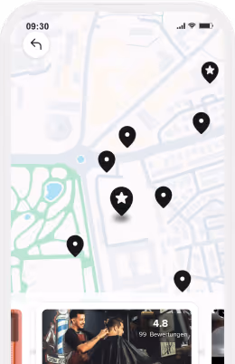 Smartphone screen showing a map with multiple black location pins and a highlighted star pin, indicating points of interest.