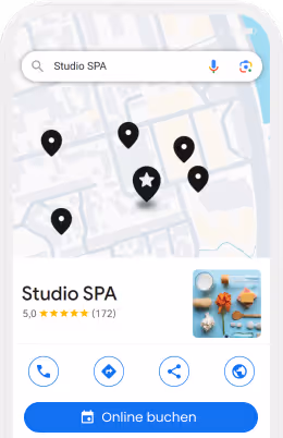 Smartphone screen displaying a map with location pins and a spa business listing for Studio SPA with a 5-star rating and 172 reviews, including options to call, get directions, share, or visit the website, and a button labeled 'Online buchen'.