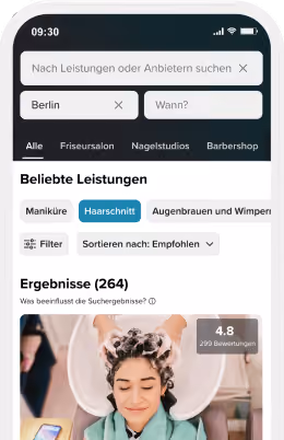 Mobile screen displaying a search interface for barbershops with filter and sort options and a 5-star rating from 99 reviews.
