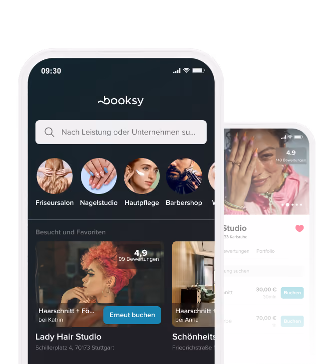 Mobile app interface for Booksy showing a search bar, service categories like hair salon and nail studio, and booking options with ratings and prices.