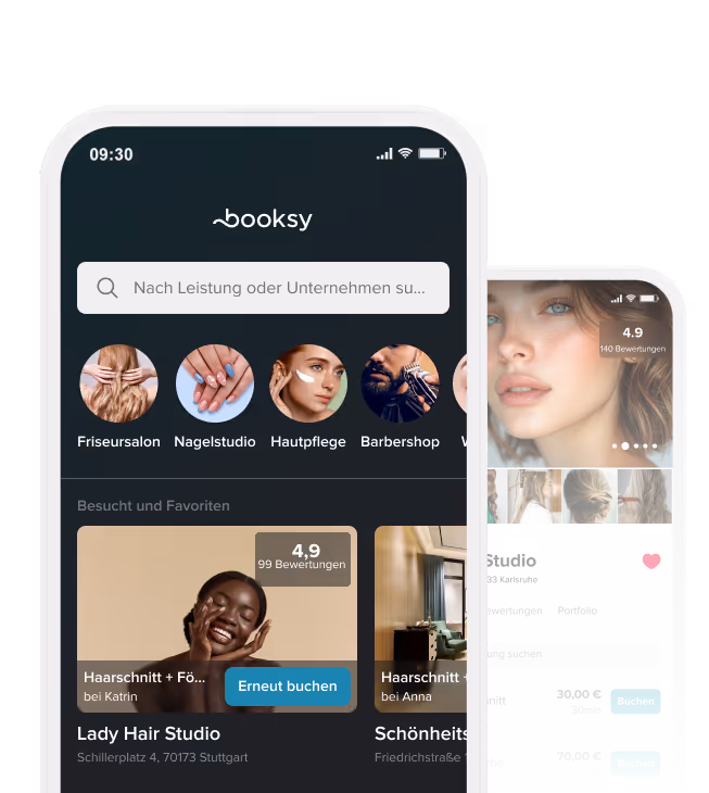 Mobile app interface for Booksy showing a search bar, service categories like hair salon and nail studio, and booking options with ratings and prices.