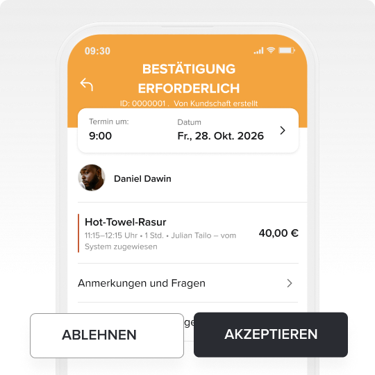 Mobile phone screen showing a German appointment confirmation for a hot towel shave with Daniel Dawin on October 28, 2026, at 9:00, with options to decline or accept the appointment.