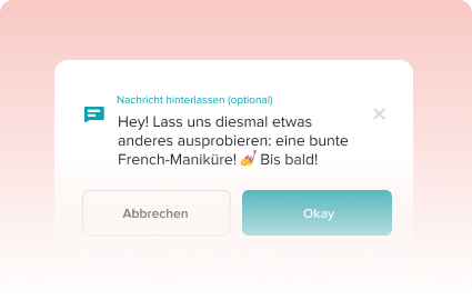 Chatbox with message in German suggesting trying colorful French manicure, with Cancel and Okay buttons on a pink gradient background.