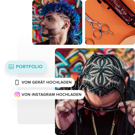 Man with artistic hair designs, including blue curly hair with shaved patterns and intricate braided cornrows, with barber scissors and clippers on an orange background.