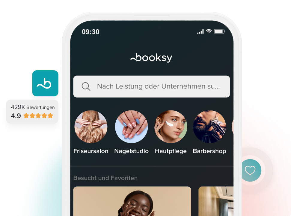 Smartphone screen showing Booksy app with search bar and icons for salon, nail studio, skincare, and barbershop.