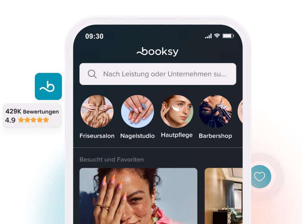 Smartphone screen showing Booksy app with search bar and icons for salon, nail studio, skincare, and barbershop.