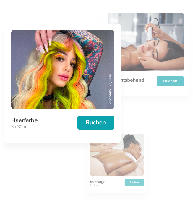 Beauty service booking cards showing a woman with vibrant multi-colored hair for hair coloring, a woman receiving facial treatment, and a person getting a back massage.