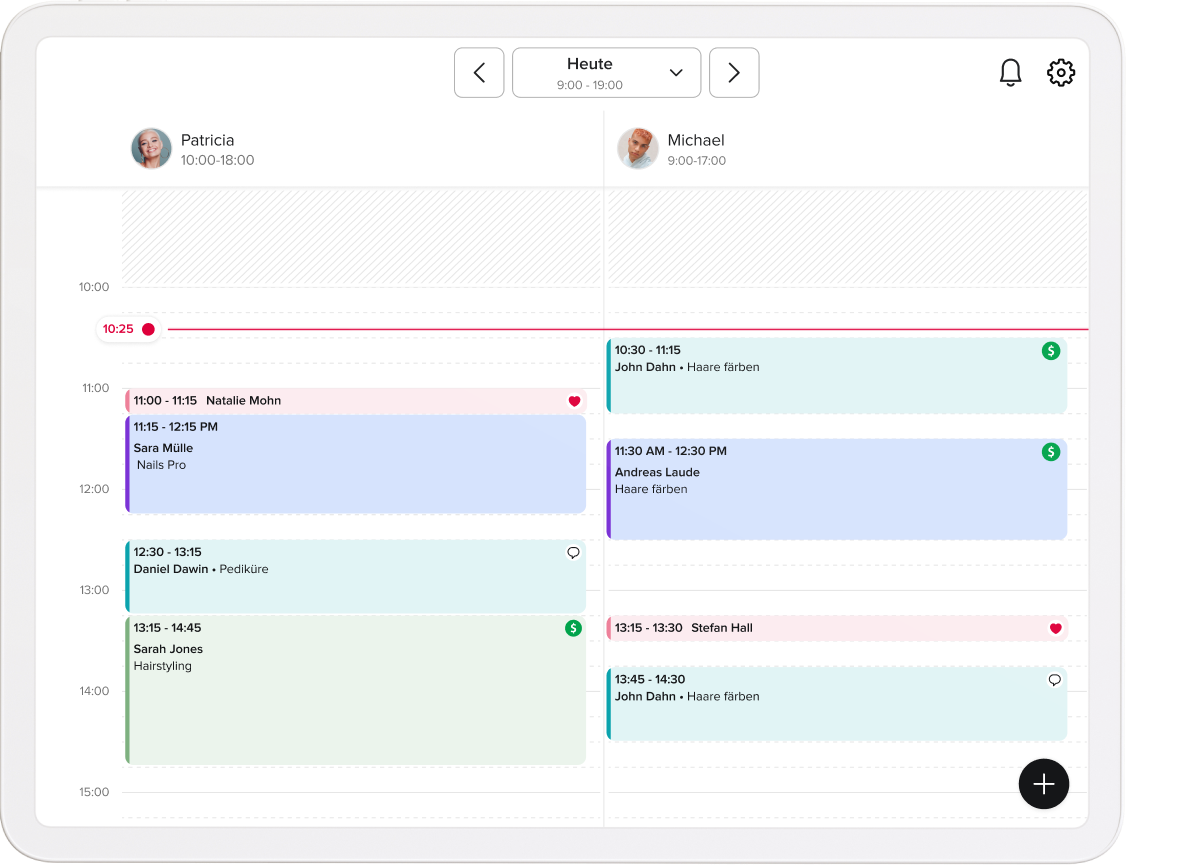 Tablet screen displaying a Stats & Reports dashboard with graphs showing appointment occupancy and revenue trends, alongside detailed statistics on appointments, revenue breakdown, and client numbers.