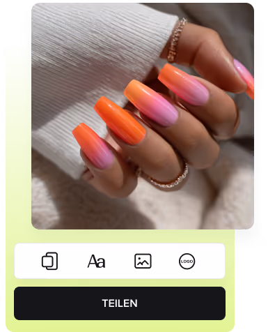 Close-up of manicured nails with pink floral nail art against a blurred blue and white flower background.