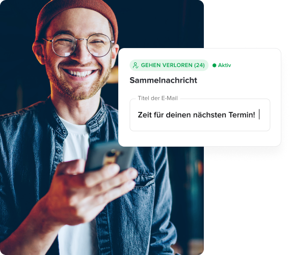 Smiling man with glasses and a beanie looking at his smartphone, with an overlaid email draft notification in German about scheduling the next appointment.