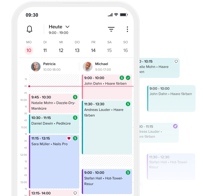 Digital calendar app on smartphone showing appointments for two people, Patricia and Michael, with color-coded time blocks and icons for services like hair coloring, manicure, pedicure, and hot towel shave.