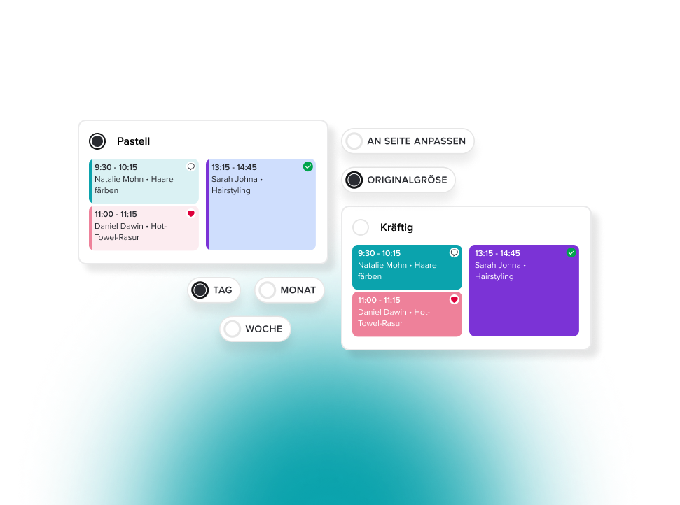User interface with calendar settings showing two color themes labeled Pastell and Kräftig with appointment blocks and options to adjust view by day, week, or month and to fit to page or use original size.