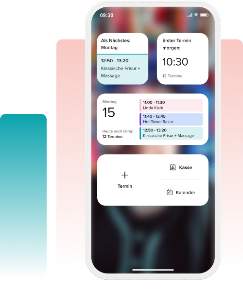 Smartphone screen showing a calendar app with today's date, upcoming appointment at 10:30, and multiple scheduled events including classical haircut and massage.