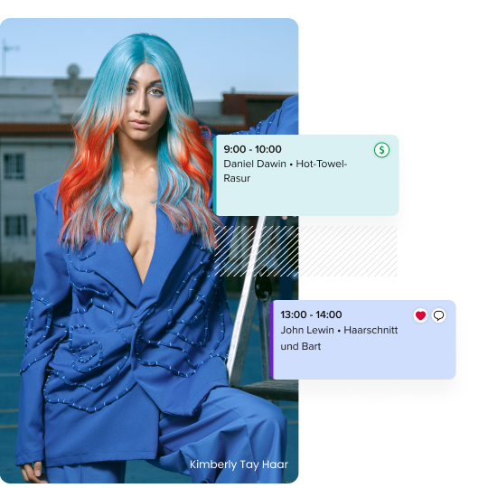 Woman with long blue and orange hair wearing a blue suit jacket sitting outdoors with two overlaid appointment blocks showing hair salon services and times.