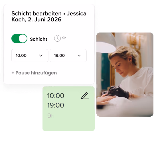 Shift editing interface in German showing a work shift for Jessica Koch on June 2, 2026, from 10:00 to 19:00, plus a photo of a woman with dark hair wearing purple gloves performing a manicure.