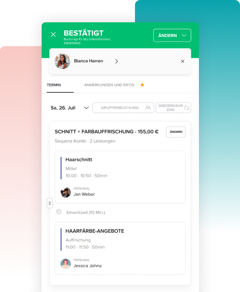 Booking confirmation screen showing a hairdressing appointment for Bianca Harren with services haircut and color refresh at specific times by Jan Weber and Jessica Johna.