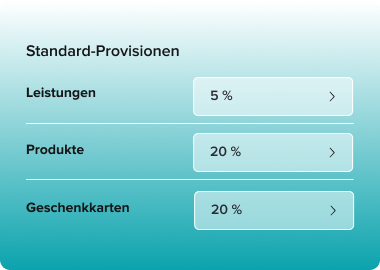 Table showing standard commissions with three categories: Services 5%, Products 20%, and Gift Cards 20%.