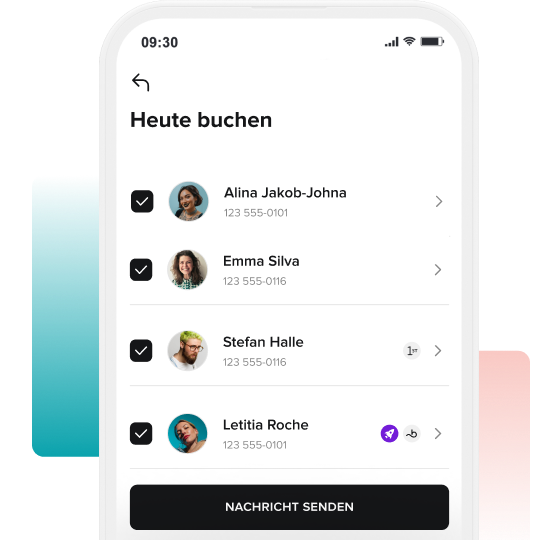 Mobile screen displaying a booking app interface titled 'Heute buchen' with four contacts listed, each with a profile photo, name, phone number, and checkboxes selected, and a black button labeled 'Nachricht senden' at the bottom.