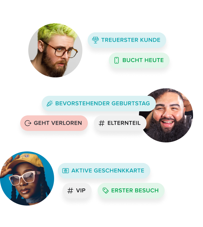 Three circular profile photos of diverse people with colorful hair and accessories, each accompanied by labeled tags in German indicating customer statuses and attributes such as 'Most loyal customer,' 'Booked today,' 'Upcoming birthday,' 'Lost,' 'Parent,' 'Active gift card,' 'VIP,' and 'First visit.'