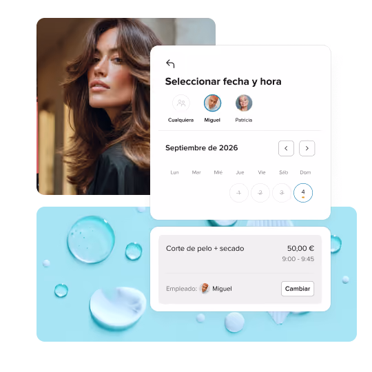 Booking interface in Spanish showing hair cut appointment on Sept 4, 2026, with employee Miguel selected.