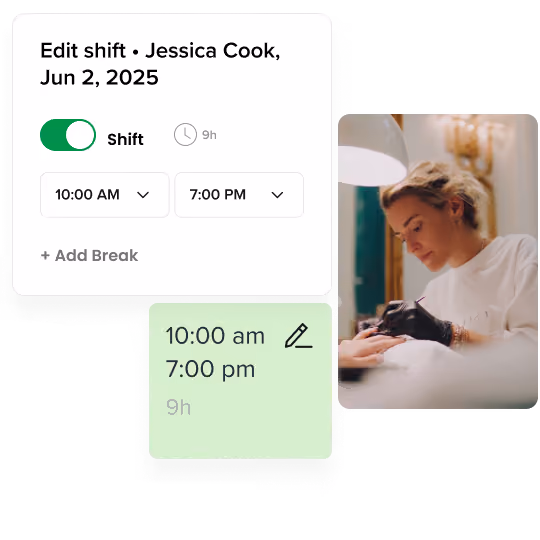 Booksy team management software UI displaying staff shift editing and automated salon schedule controls