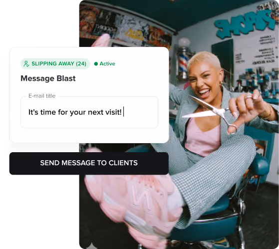 Smiling hair stylist posing in a chair with scissors next to an overlay of Booksy's Message Blast automated marketing tool