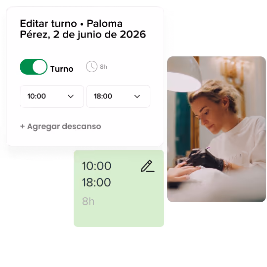 Interfaz de usuario del software de gestión de equipos de Booksy, que muestra la edición de turnos del personal y los controles automatizados de la programación del salón.