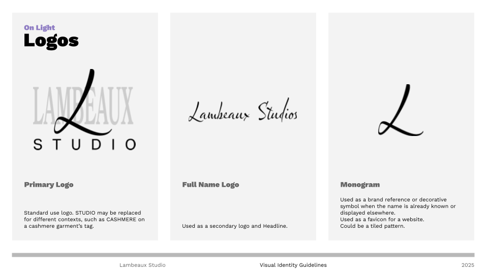 A display of the main logo options. The standard option has a grey 'Lambeaux' with the monogram L in front of it, big and black. Below it is the word 'studio' in thin sans-serif letters.