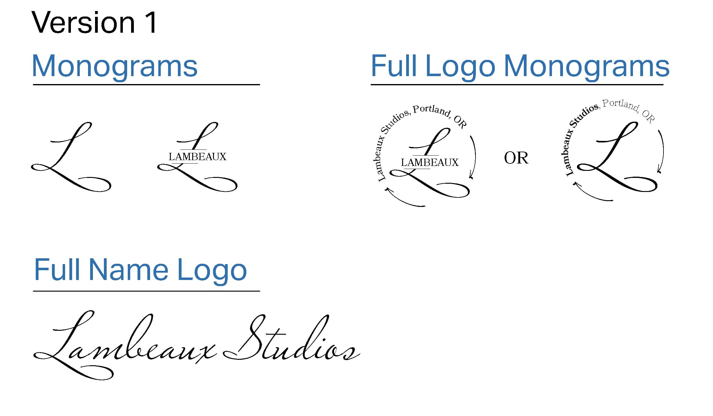 A display of some first draft logo iterations from early in the design process. There are two monogram samples, two monograms samples with the full name encircling it, and a single full name spelled out.