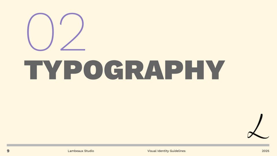 A title slide from the visual identity guide introducing the 'Typography' section.
