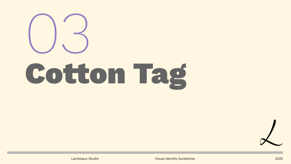 A title slide from the visual identity guide introducing the 'Cotton Tag' section.
